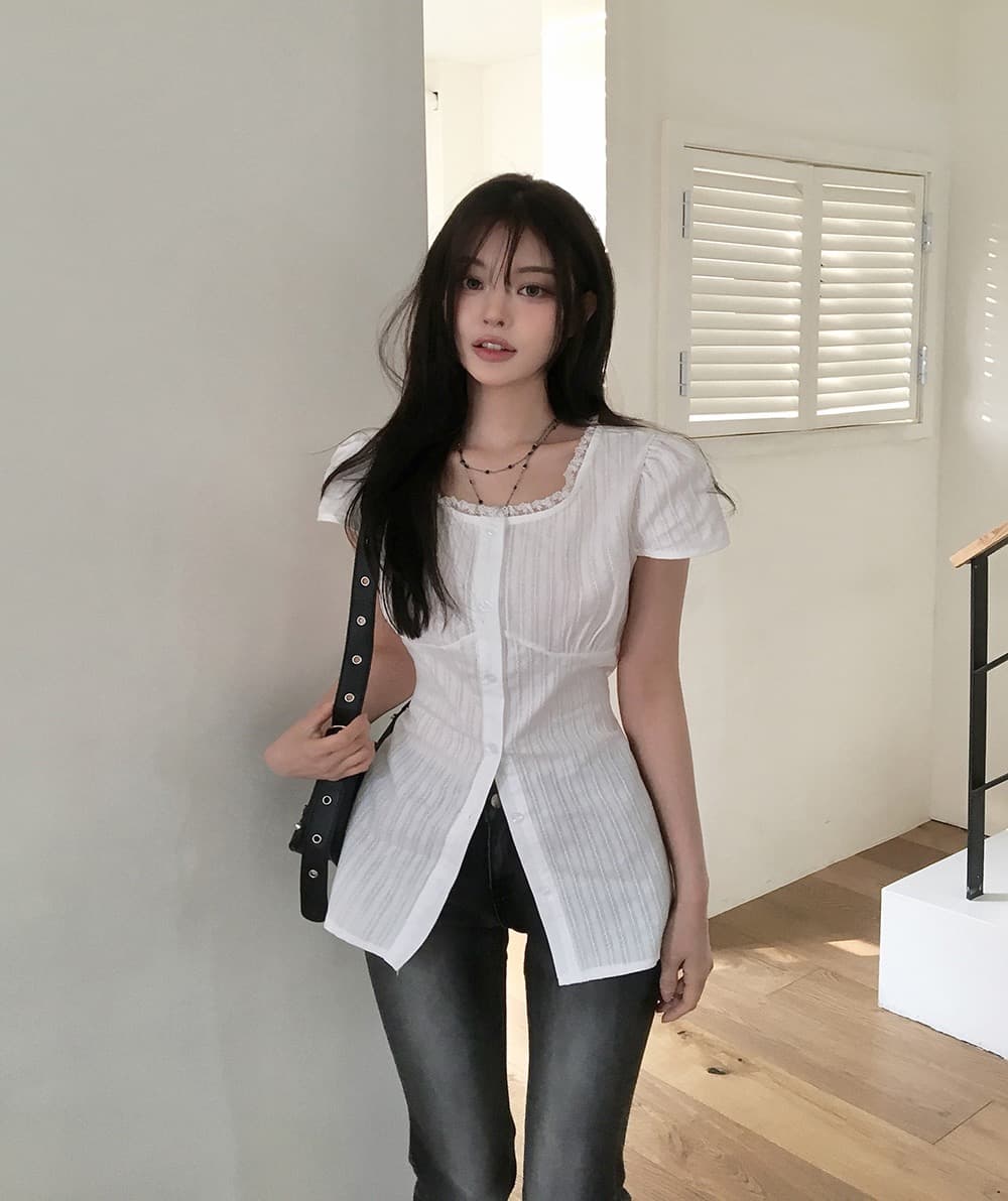 재고 있음 한국 chic 품격 미니멀리즘 광장 칼라 레이스업 허리 수축 셔츠 상세 이미지 4