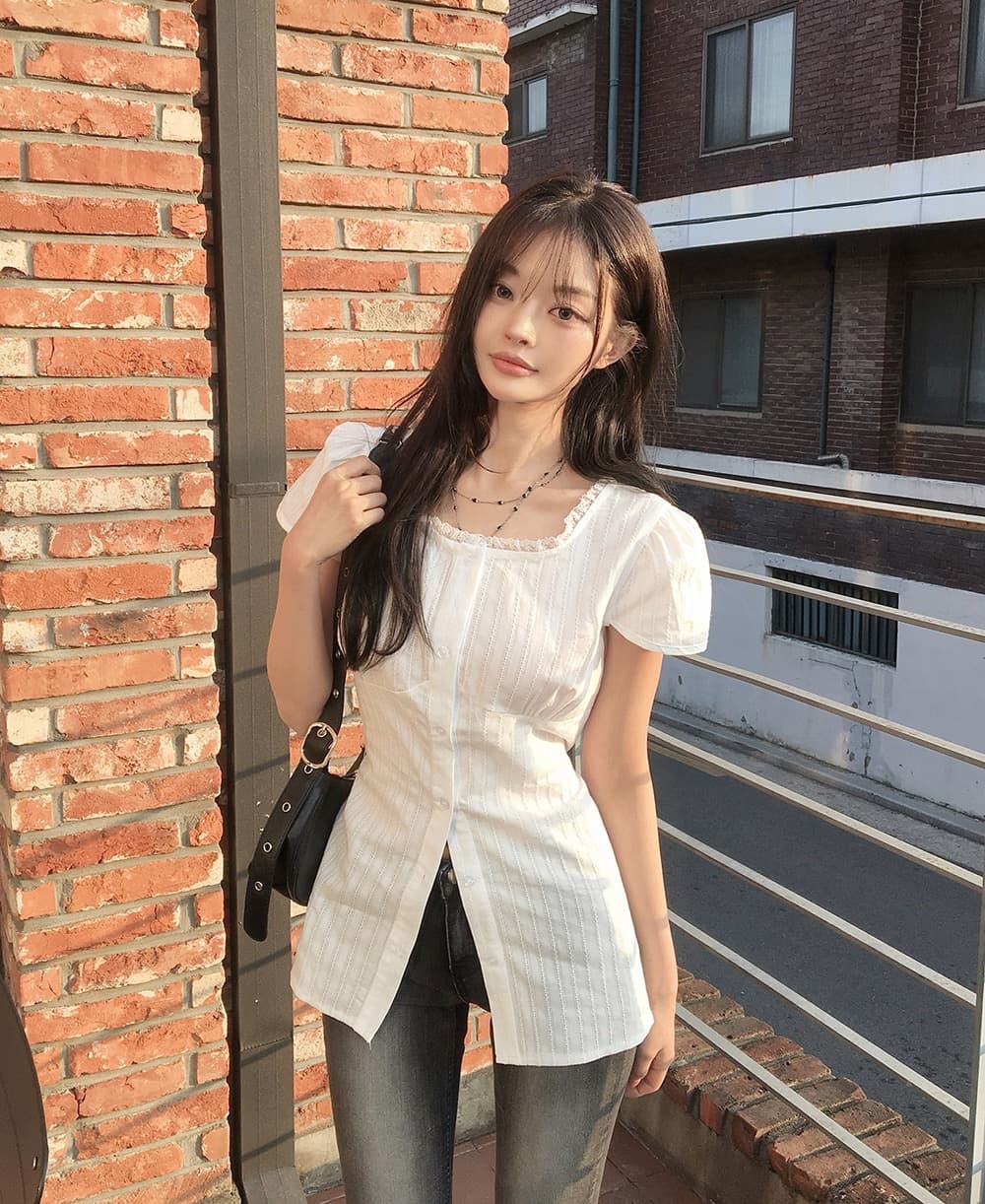 재고 있음 한국 chic 품격 미니멀리즘 광장 칼라 레이스업 허리 수축 셔츠 상세 이미지 6