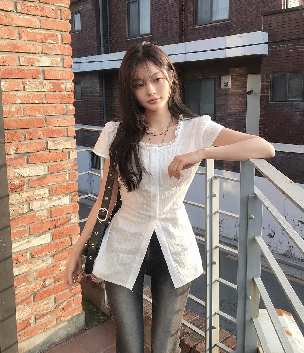 재고 있음 한국 chic 품격 미니멀리즘 광장 칼라 레이스업 허리 수축 셔츠 상세 이미지 7