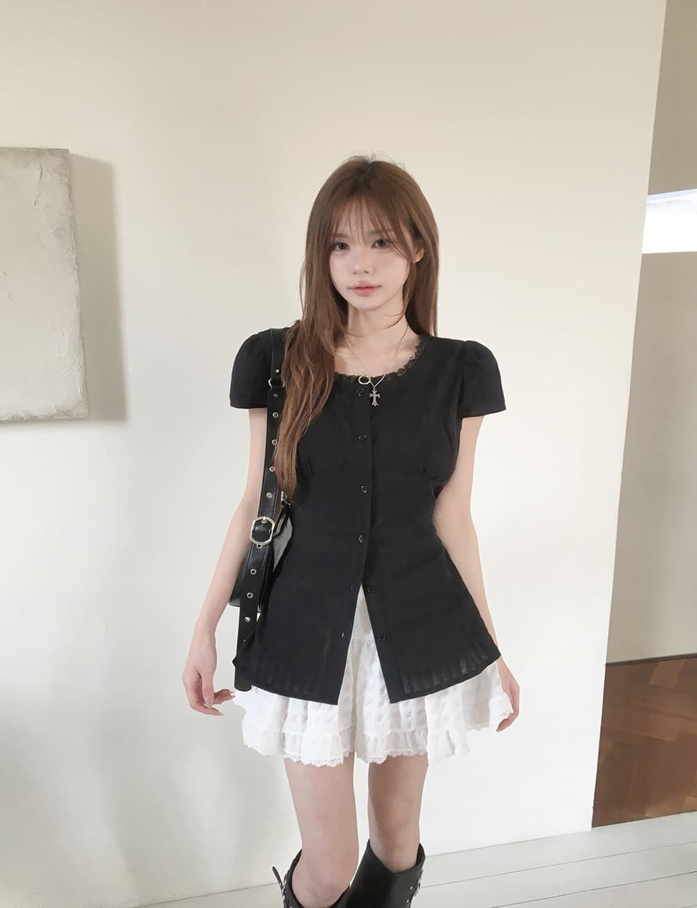 재고 있음 한국 chic 품격 미니멀리즘 광장 칼라 레이스업 허리 수축 셔츠 상세 이미지 13