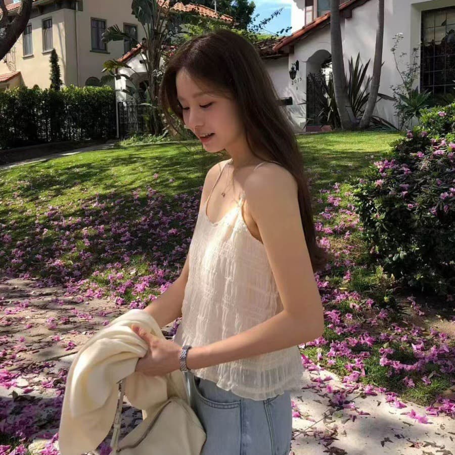재고 있음 chic 부드러운 바람 주름 쇼트 스타일 캐미솔 프랑스식 품격 슬림해 보이는 인사이드 잡아라. 의류 상세 이미지 11