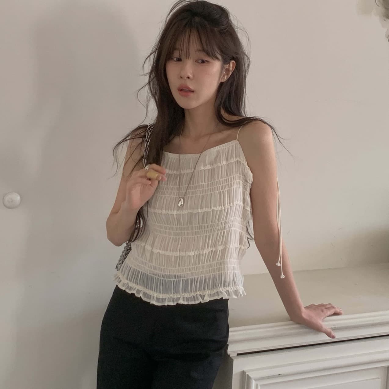 재고 있음 chic 부드러운 바람 주름 쇼트 스타일 캐미솔 프랑스식 품격 슬림해 보이는 인사이드 잡아라. 의류 상세 이미지 29