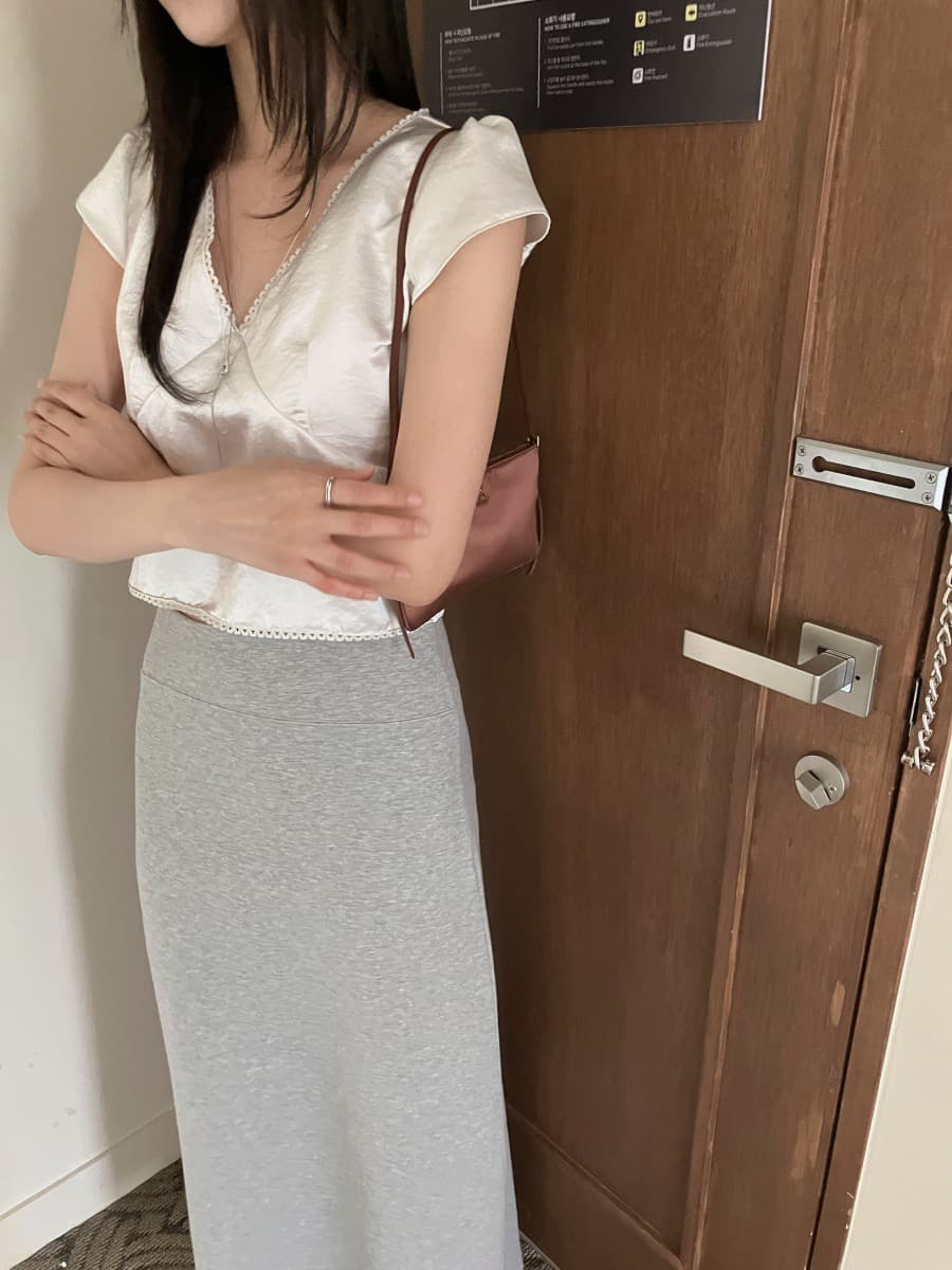 chic 한국 ins 여름 레이스 패치워크 새틴 반팔 맨위 이미지 3