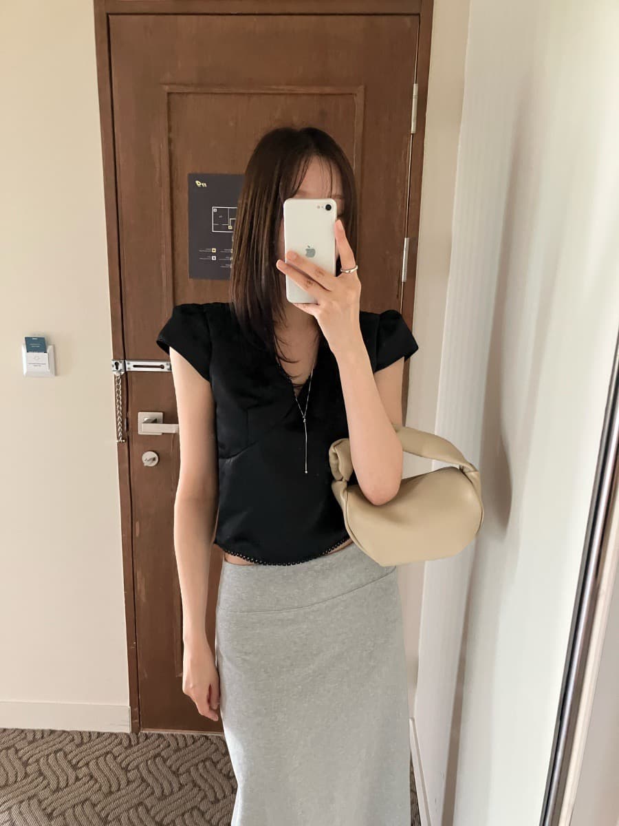 chic 한국 ins 여름 레이스 패치워크 새틴 반팔 맨위 상세 이미지 3