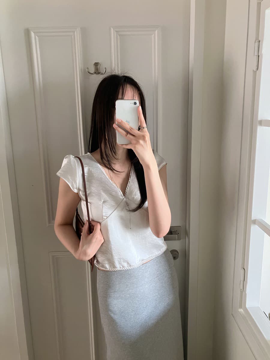 chic 한국 ins 여름 레이스 패치워크 새틴 반팔 맨위 상세 이미지 8