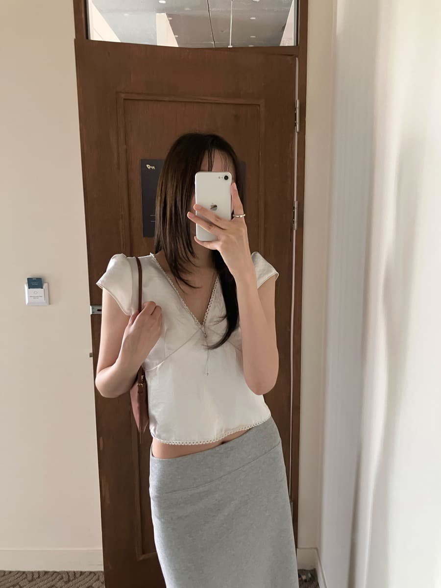 chic 한국 ins 여름 레이스 패치워크 새틴 반팔 맨위 상세 이미지 22