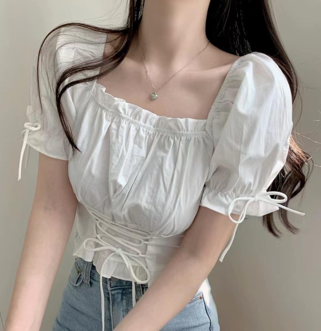 chic 한국 스타일 작은 대중 쇼트 스타일 작은 대중 끈 거품 소매 광장 칼라 셔츠 이미지 3