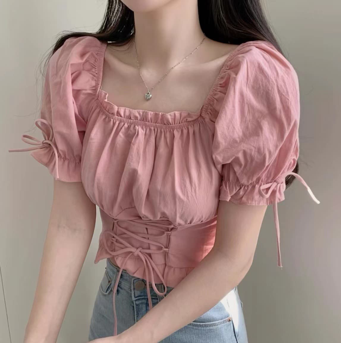 chic 한국 스타일 작은 대중 쇼트 스타일 작은 대중 끈 거품 소매 광장 칼라 셔츠 이미지 2