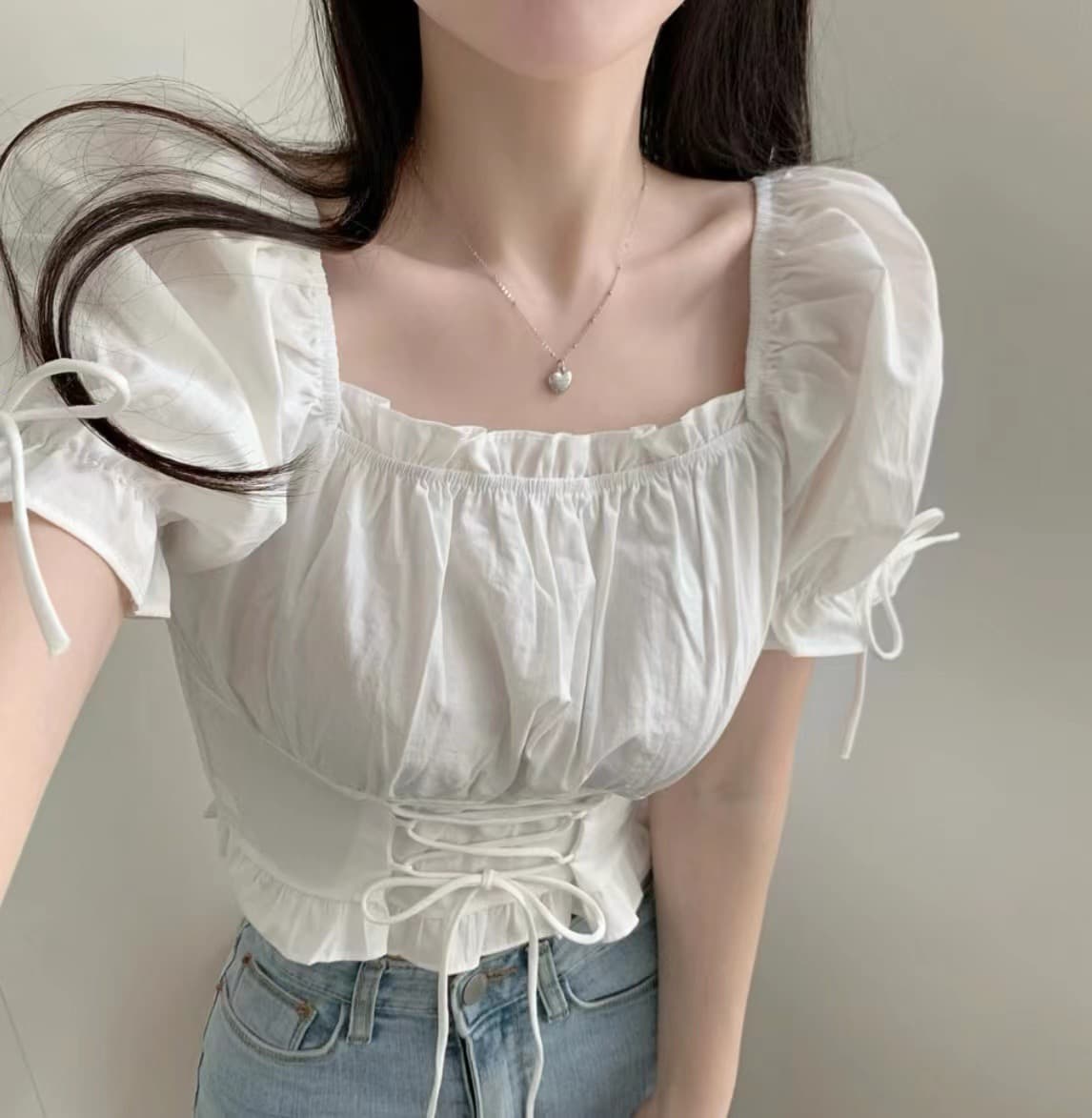 chic 한국 스타일 작은 대중 쇼트 스타일 작은 대중 끈 거품 소매 광장 칼라 셔츠 상세 이미지 2