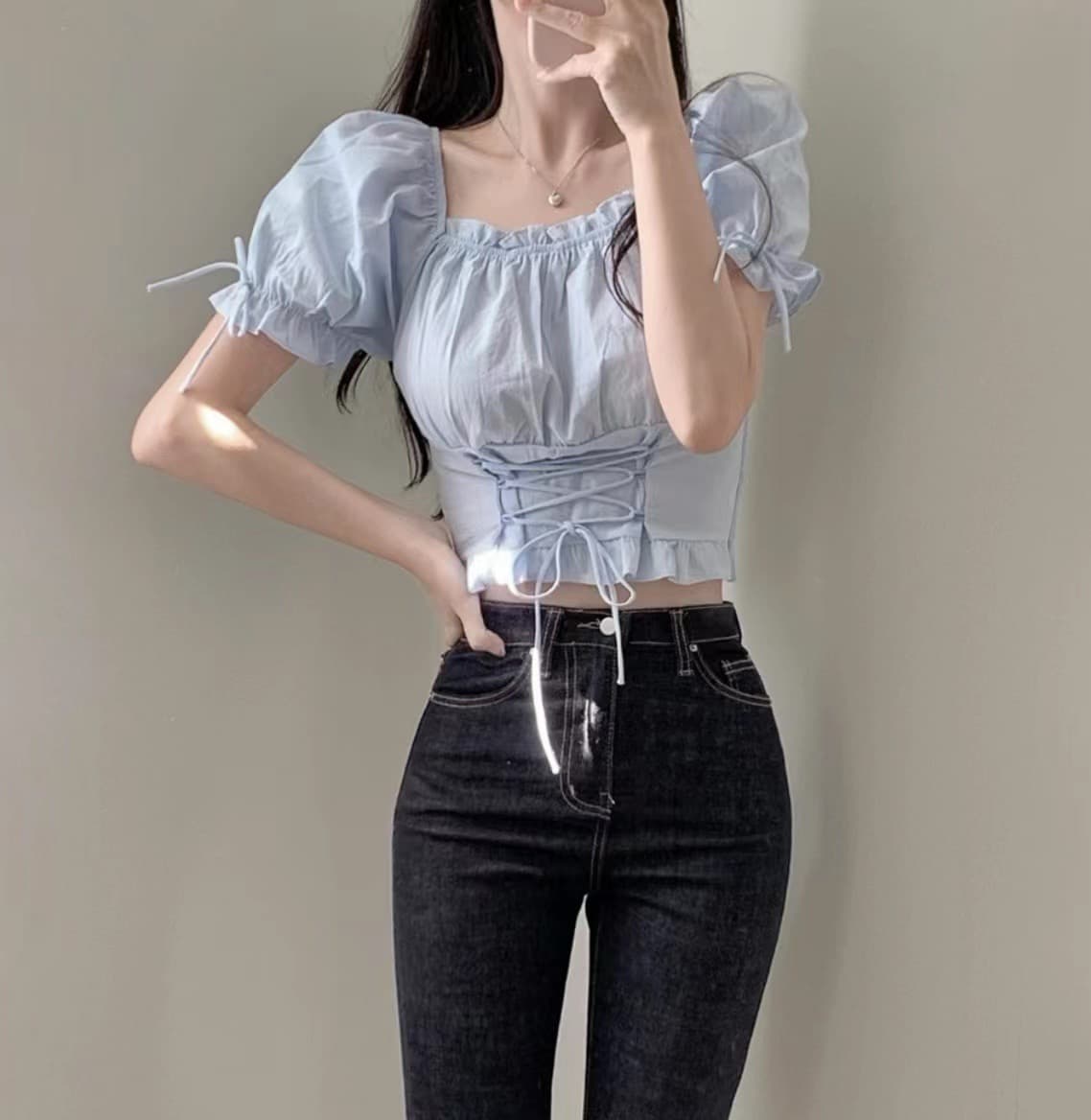 chic 한국 스타일 작은 대중 쇼트 스타일 작은 대중 끈 거품 소매 광장 칼라 셔츠 상세 이미지 4