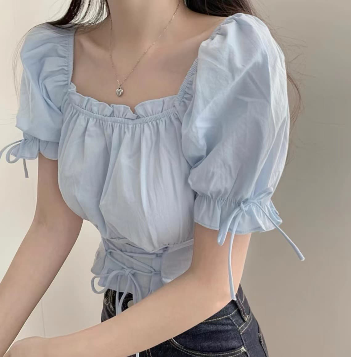 chic 한국 스타일 작은 대중 쇼트 스타일 작은 대중 끈 거품 소매 광장 칼라 셔츠 상세 이미지 5