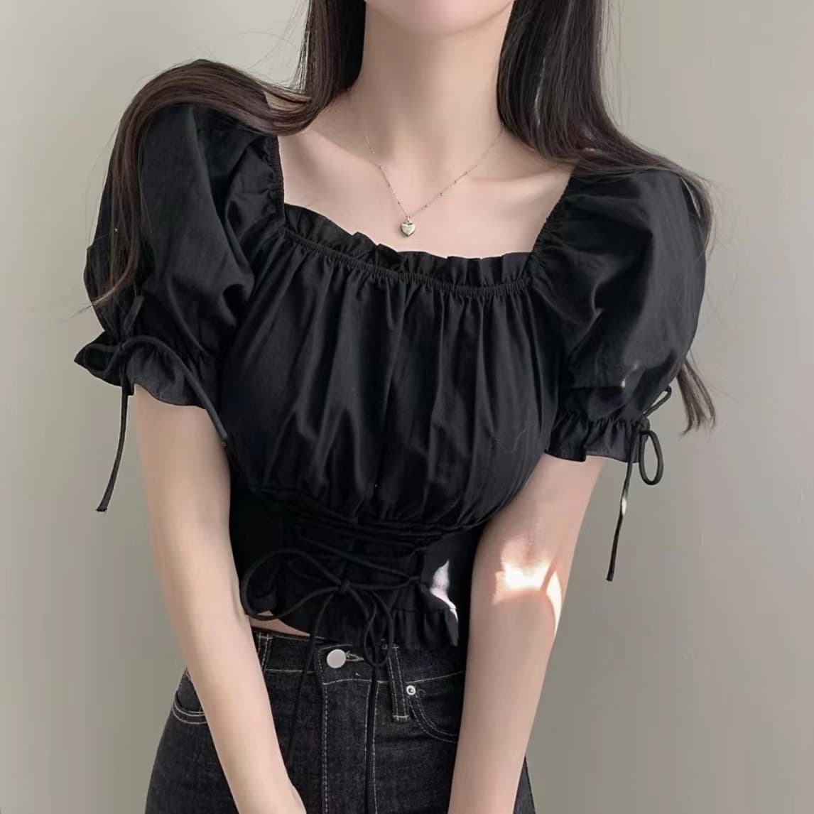 chic 한국 스타일 작은 대중 쇼트 스타일 작은 대중 끈 거품 소매 광장 칼라 셔츠 상세 이미지 7