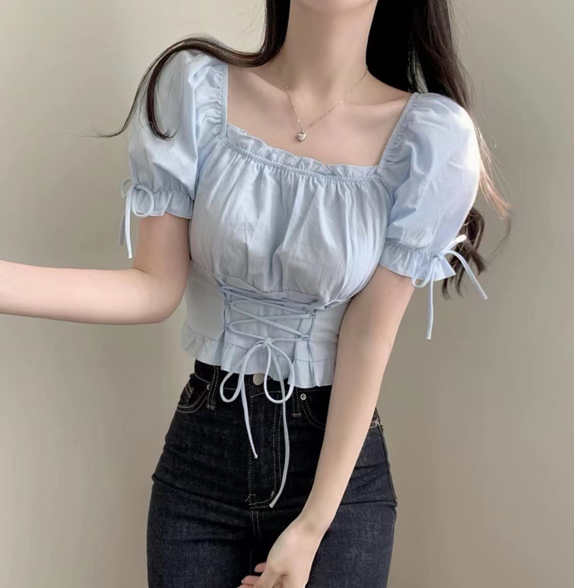chic 한국 스타일 작은 대중 쇼트 스타일 작은 대중 끈 거품 소매 광장 칼라 셔츠 상세 이미지 10