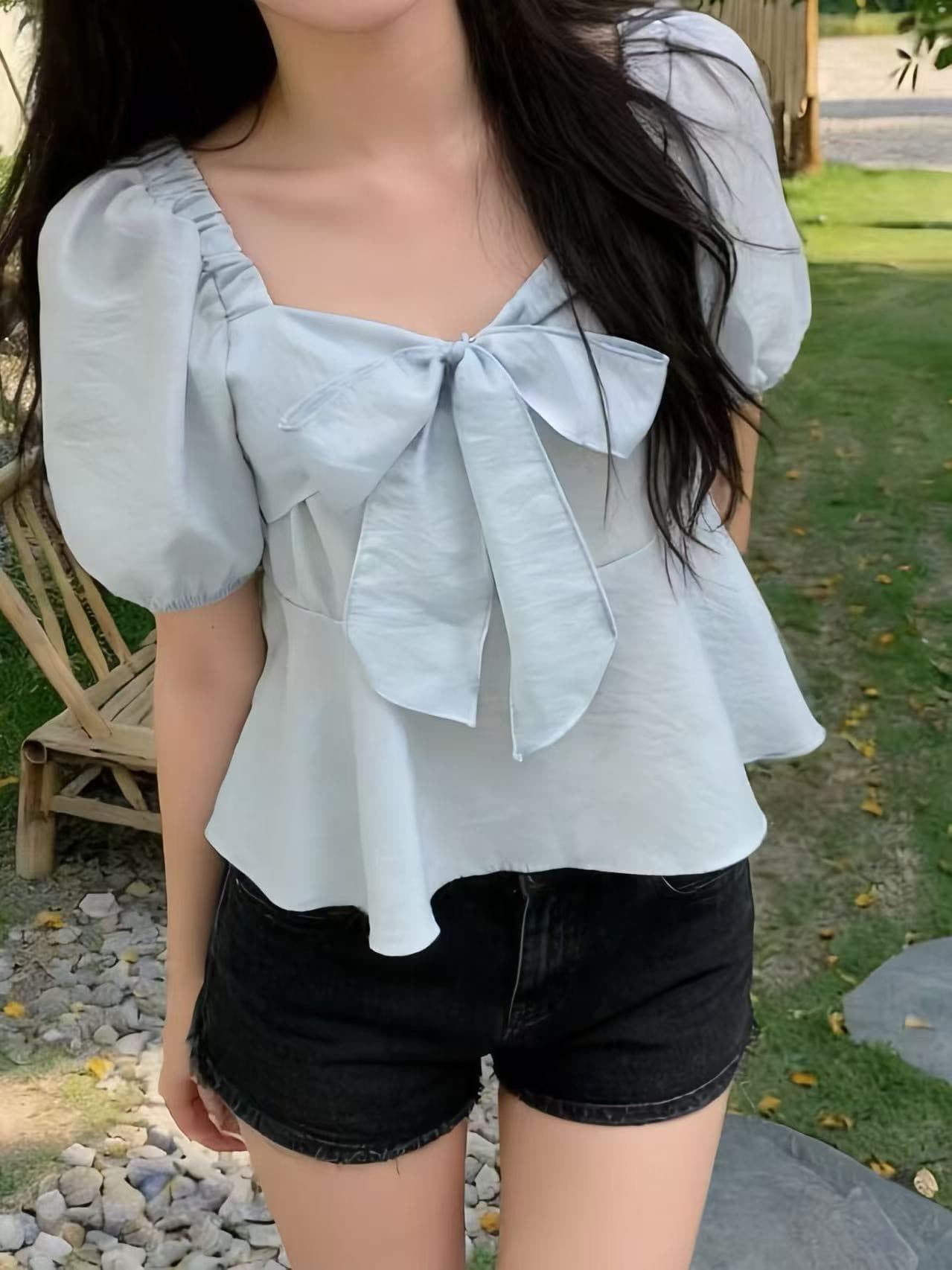 chic 광장 칼라 프릴 나비 넥타이 긴팔 셔츠 이미지 4