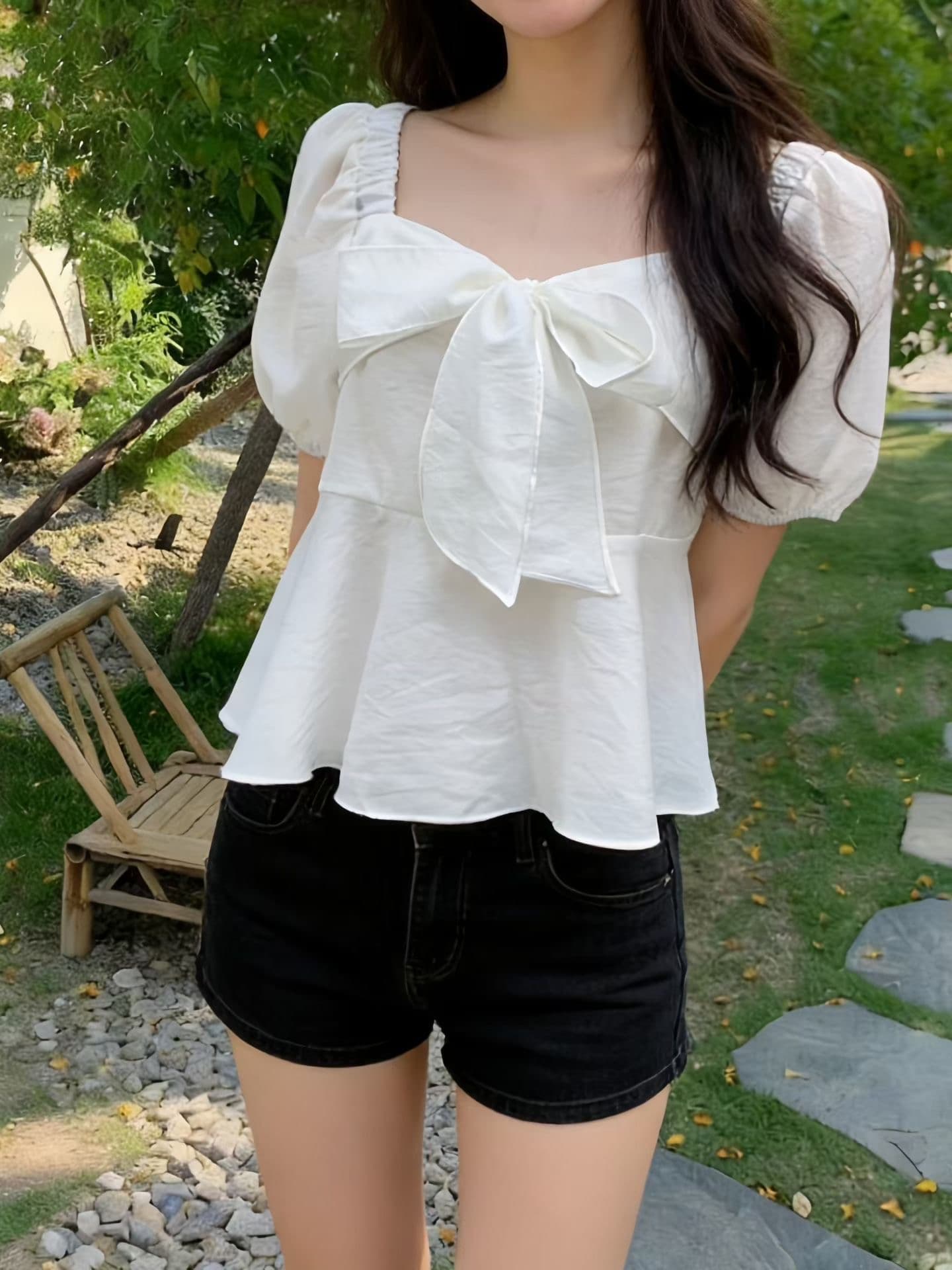 chic 광장 칼라 프릴 나비 넥타이 긴팔 셔츠 이미지 3