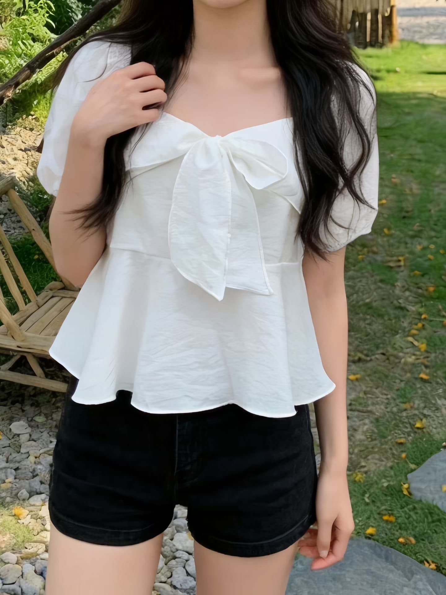 chic 광장 칼라 프릴 나비 넥타이 긴팔 셔츠 상세 이미지 1