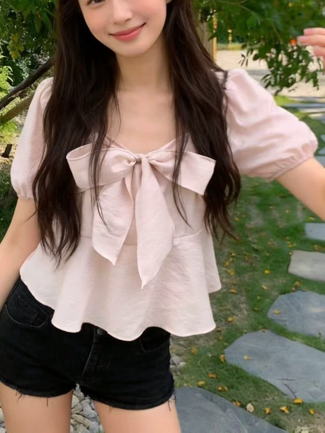 chic 광장 칼라 프릴 나비 넥타이 긴팔 셔츠 상세 이미지 2