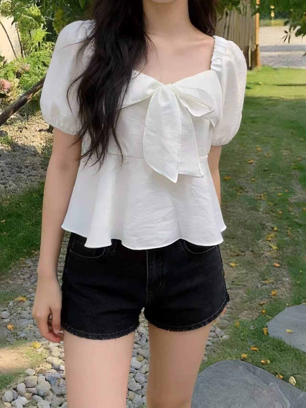 chic 광장 칼라 프릴 나비 넥타이 긴팔 셔츠 상세 이미지 4