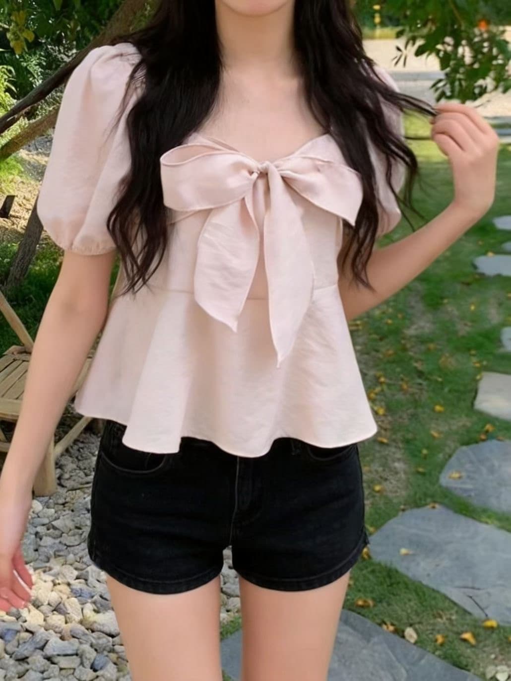 chic 광장 칼라 프릴 나비 넥타이 긴팔 셔츠 상세 이미지 7
