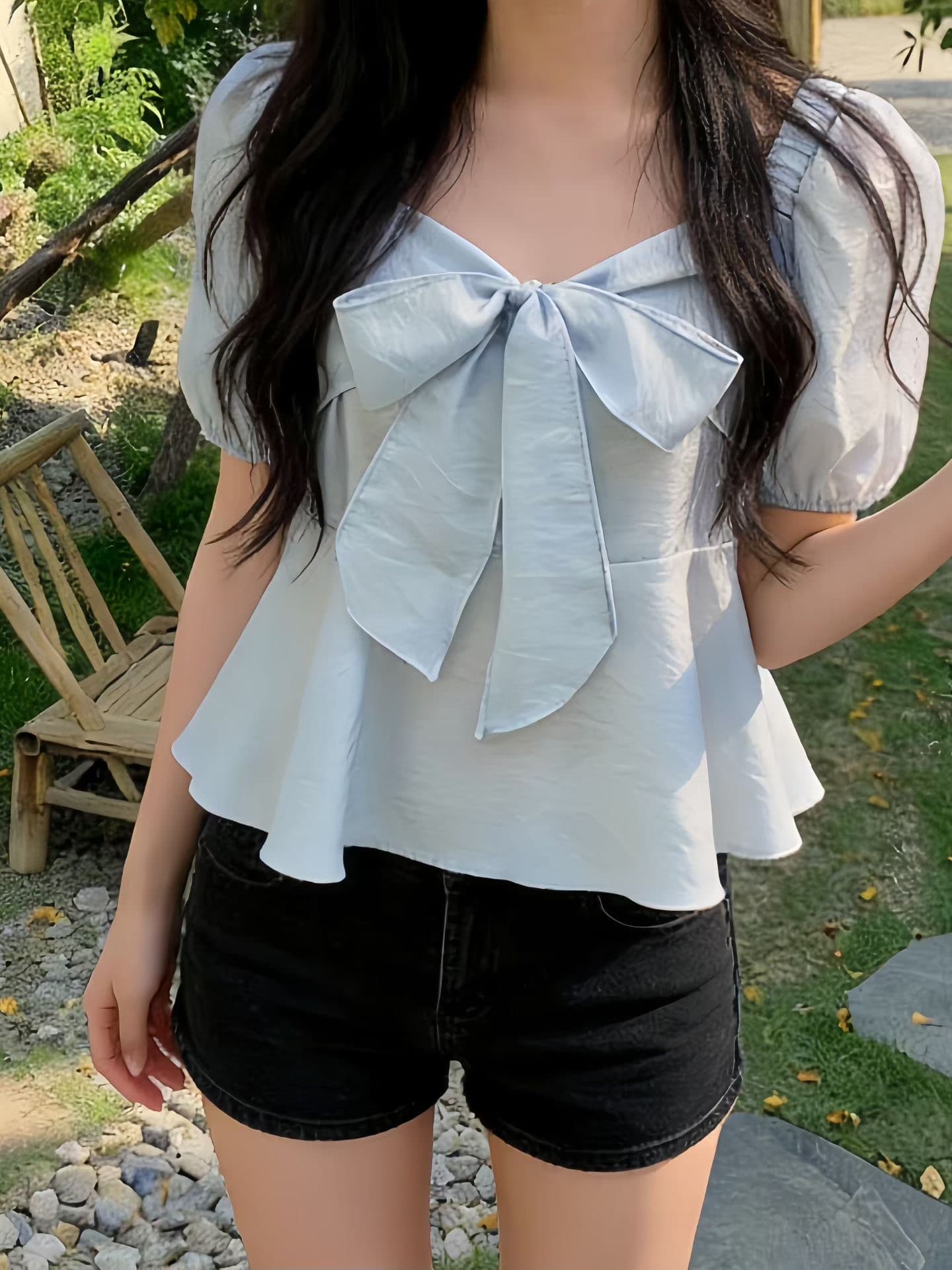 chic 광장 칼라 프릴 나비 넥타이 긴팔 셔츠 상세 이미지 8