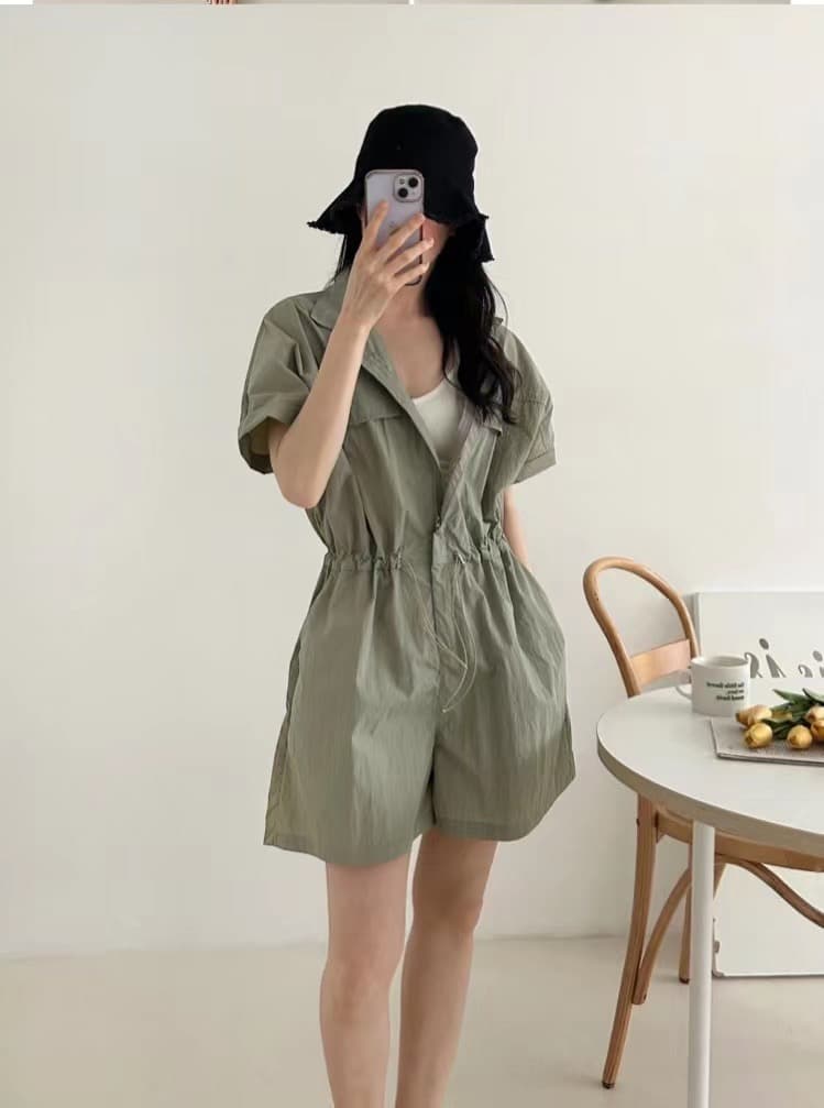 재고 있음 chic 한 부서 레트로 캐주얼 워크웨어 펌프 로프 허리 수축 넓은 다리 폴로 칼라 올인원 바지 반바지 여성 상세 이미지 1