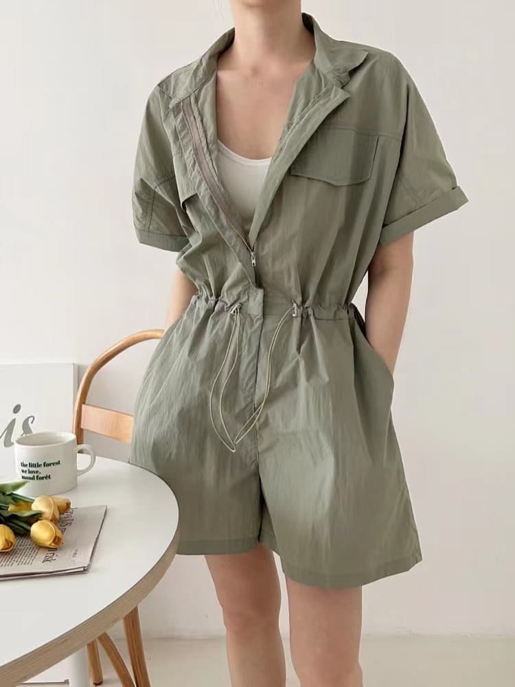 재고 있음 chic 한 부서 레트로 캐주얼 워크웨어 펌프 로프 허리 수축 넓은 다리 폴로 칼라 올인원 바지 반바지 여성 상세 이미지 2