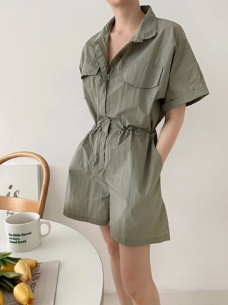 재고 있음 chic 한 부서 레트로 캐주얼 워크웨어 펌프 로프 허리 수축 넓은 다리 폴로 칼라 올인원 바지 반바지 여성 상세 이미지 3