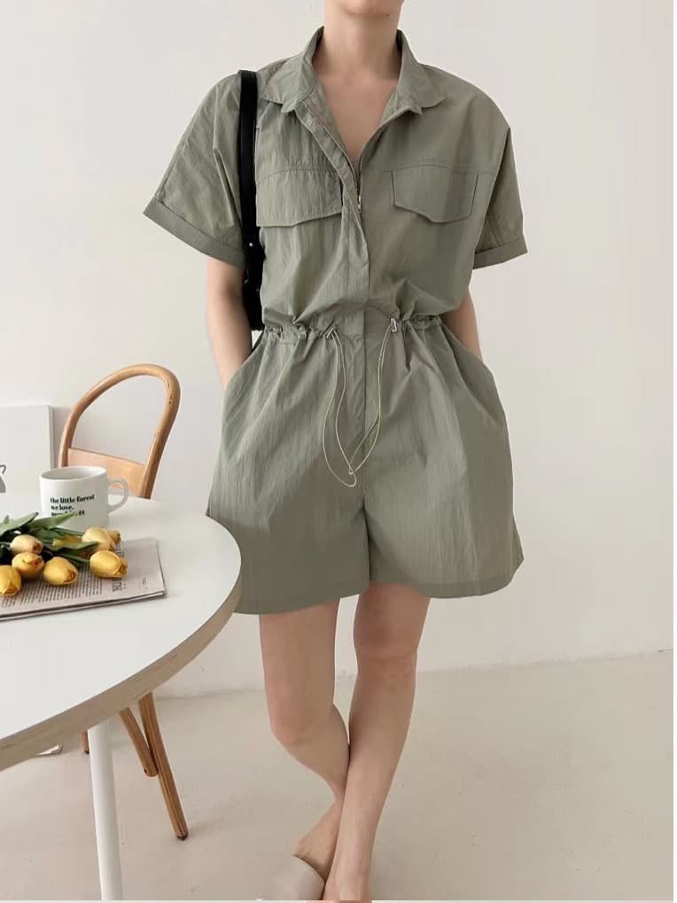 재고 있음 chic 한 부서 레트로 캐주얼 워크웨어 펌프 로프 허리 수축 넓은 다리 폴로 칼라 올인원 바지 반바지 여성 상세 이미지 4