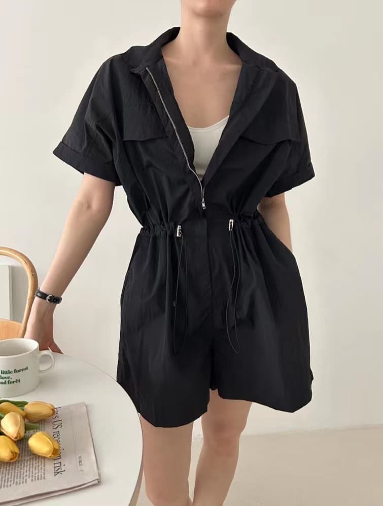재고 있음 chic 한 부서 레트로 캐주얼 워크웨어 펌프 로프 허리 수축 넓은 다리 폴로 칼라 올인원 바지 반바지 여성 상세 이미지 14