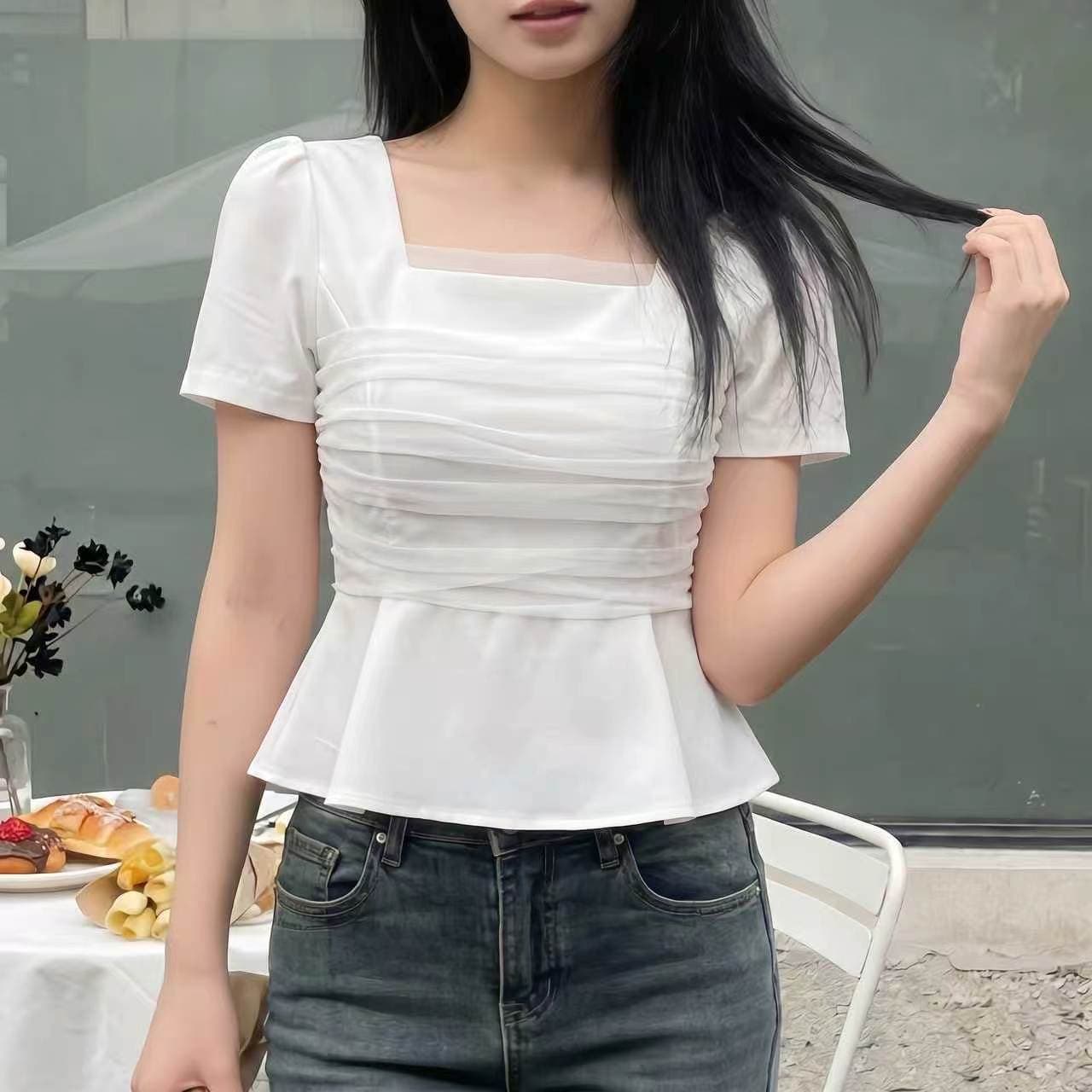 한국 chic 프랑스식 망사 패치워크 광장 칼라 거품 소매 맨위 상세 이미지 2