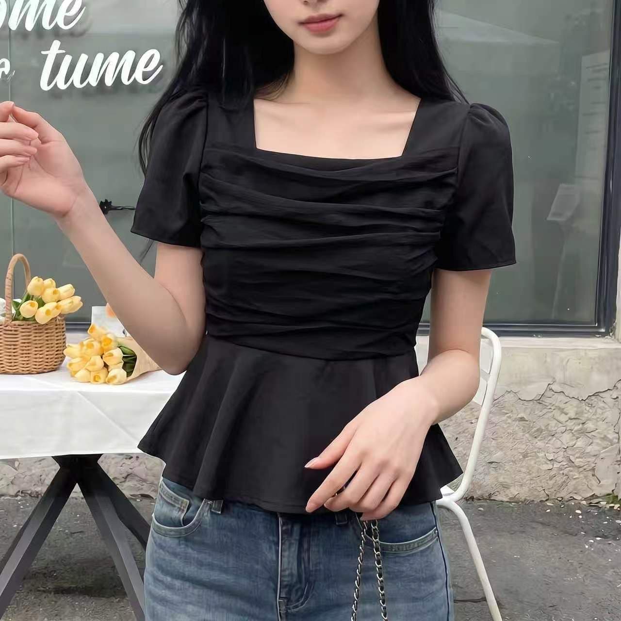 한국 chic 프랑스식 망사 패치워크 광장 칼라 거품 소매 맨위 상세 이미지 6