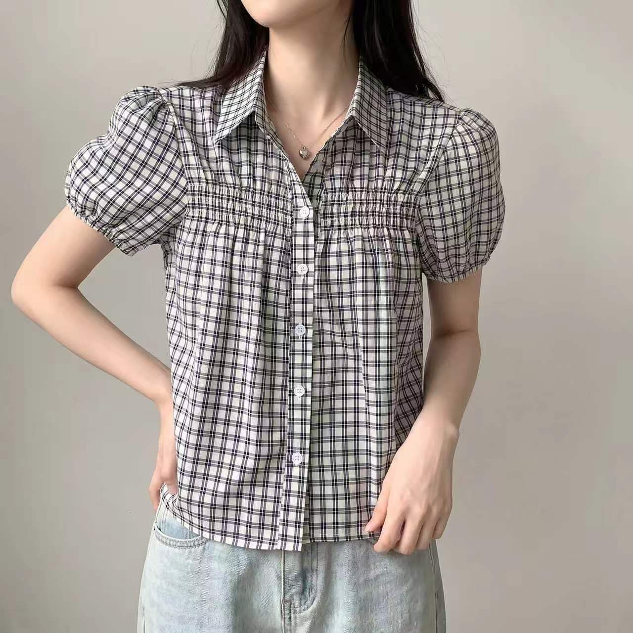 재고 있음 chic 레트로 블루 그리드 디자인 센스 거품 소매 여성 셔츠 이미지 4
