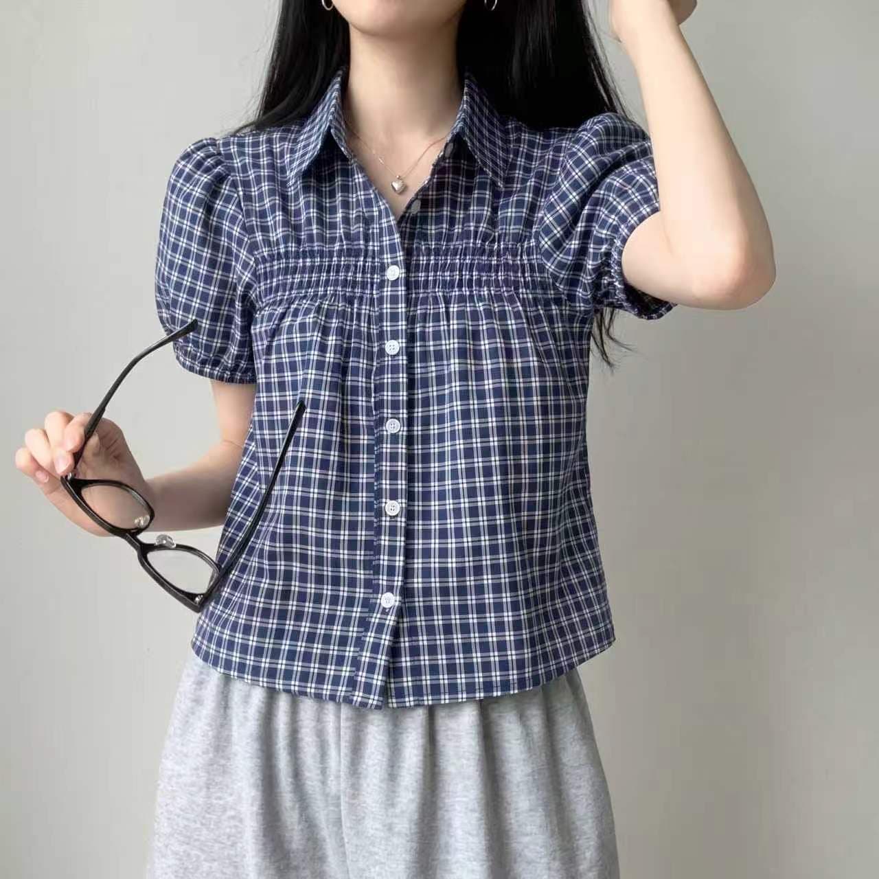 재고 있음 chic 레트로 블루 그리드 디자인 센스 거품 소매 여성 셔츠