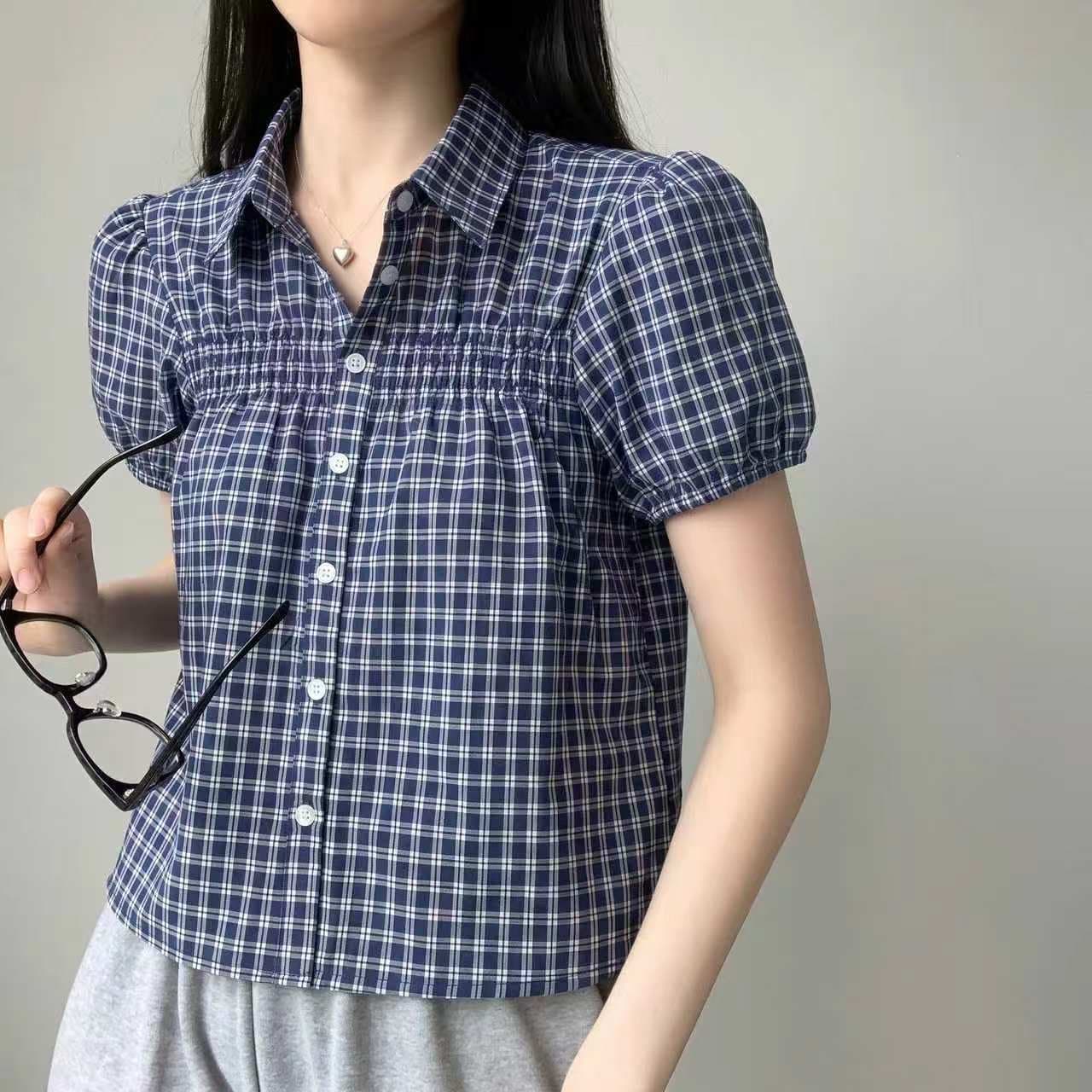 재고 있음 chic 레트로 블루 그리드 디자인 센스 거품 소매 여성 셔츠 상세 이미지 3