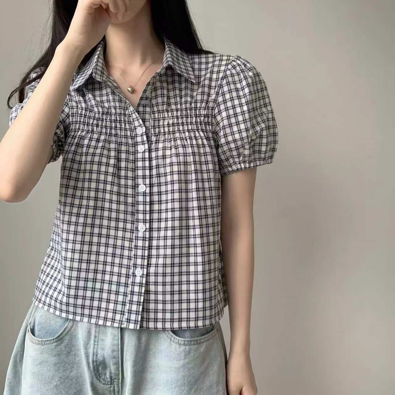 재고 있음 chic 레트로 블루 그리드 디자인 센스 거품 소매 여성 셔츠 상세 이미지 4