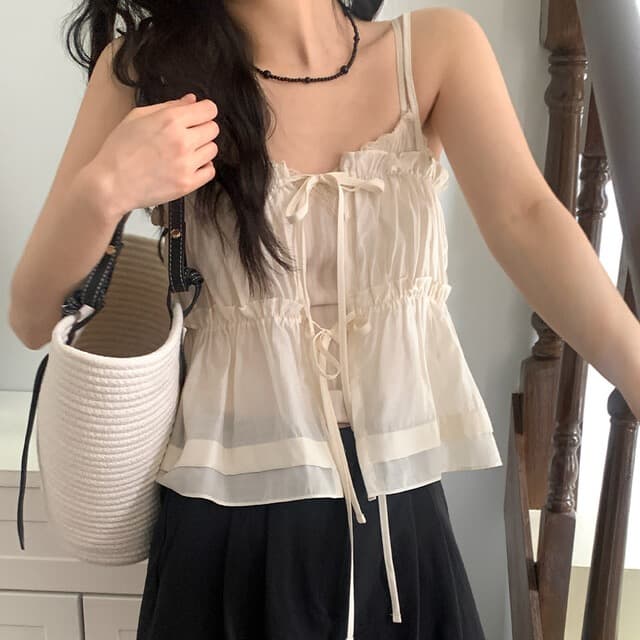 재고 있음 chic 한 부서 달콤함 작은 레이스 섹시함 나비 매듭 스트랩 전후 스택 착용 캐미솔 상세 이미지 10