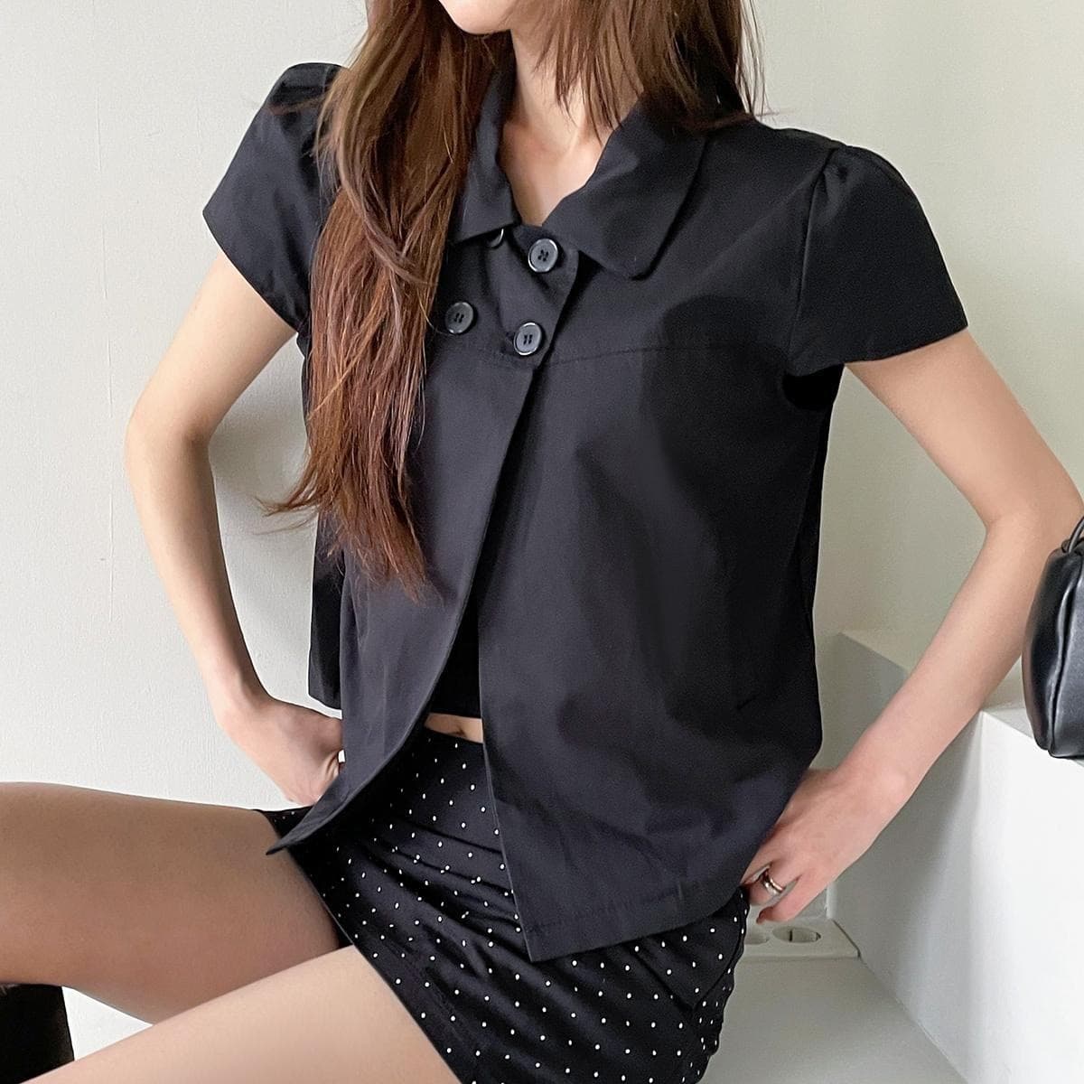재고 있음 여름 일본식 소녀 센스 네 단추 레트로 베이비 칼라 캐주얼 반팔 셔츠 이미지 2