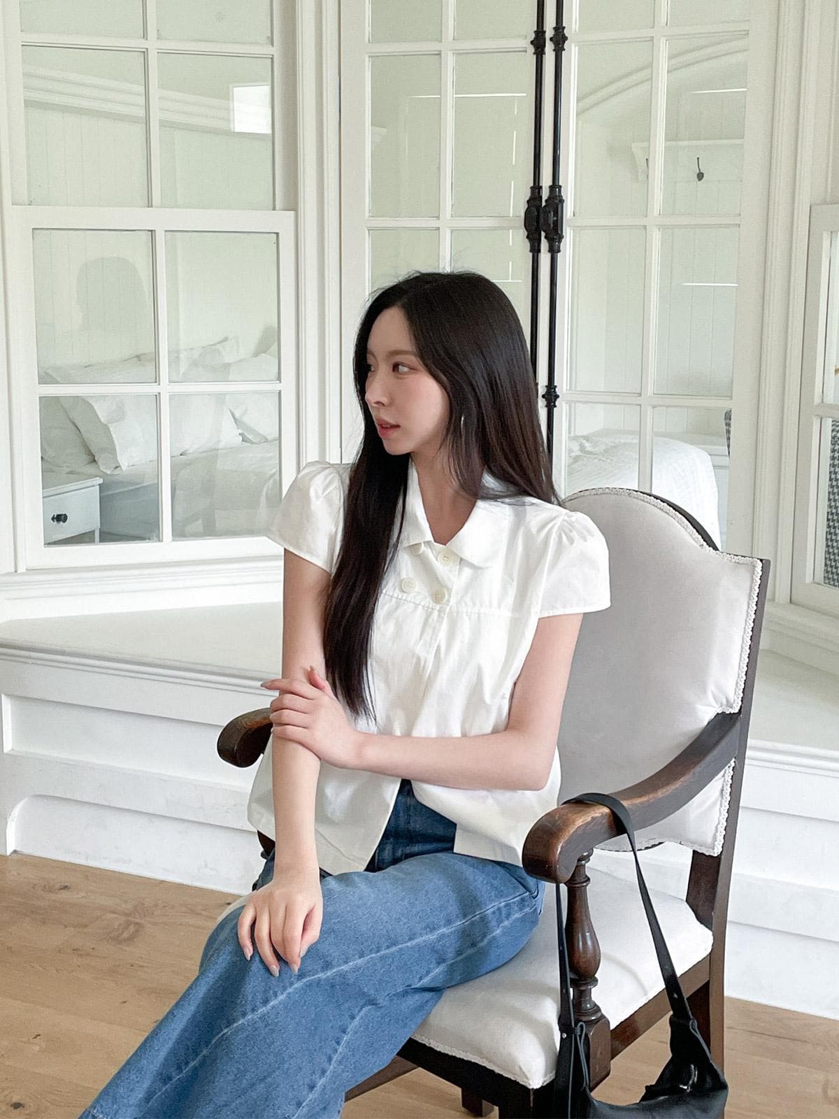 재고 있음 여름 일본식 소녀 센스 네 단추 레트로 베이비 칼라 캐주얼 반팔 셔츠 상세 이미지 3