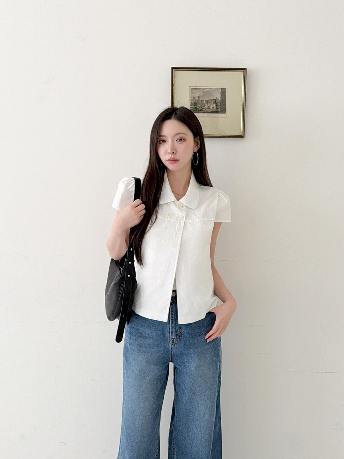 재고 있음 여름 일본식 소녀 센스 네 단추 레트로 베이비 칼라 캐주얼 반팔 셔츠 상세 이미지 4
