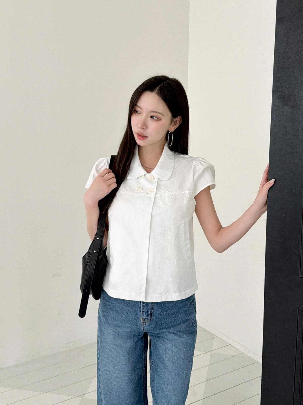 재고 있음 여름 일본식 소녀 센스 네 단추 레트로 베이비 칼라 캐주얼 반팔 셔츠 상세 이미지 7