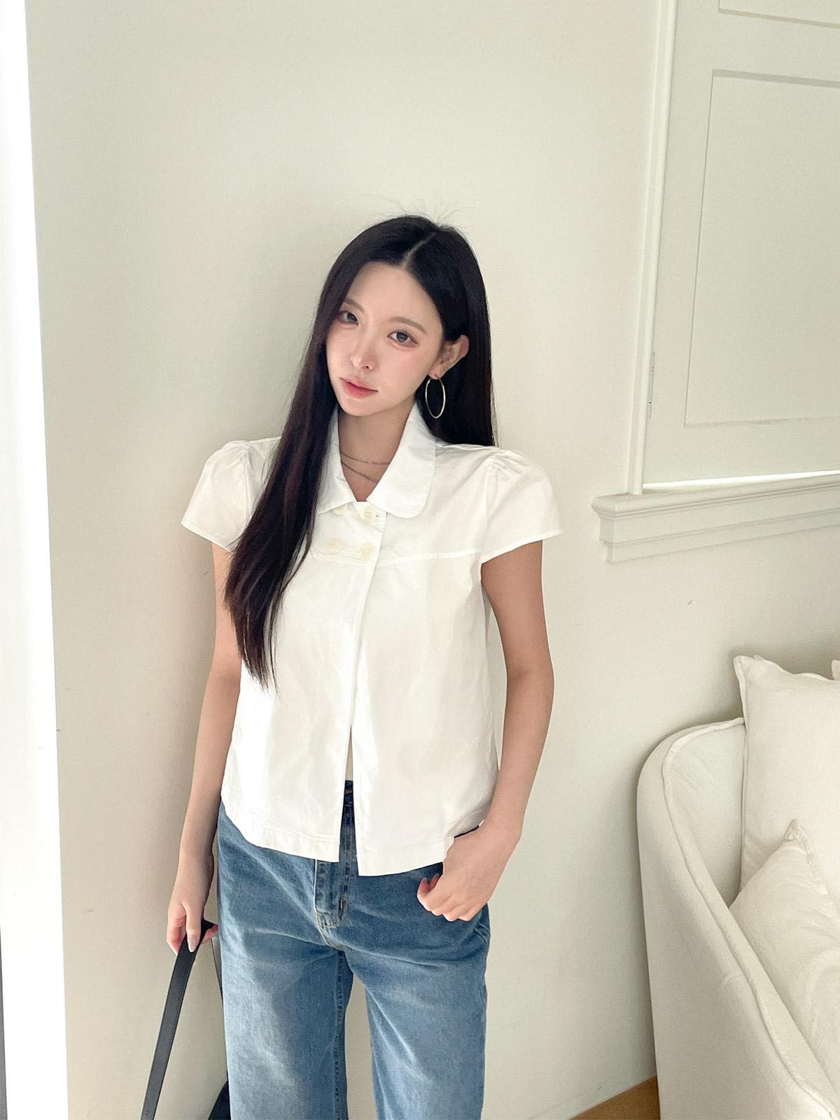 재고 있음 여름 일본식 소녀 센스 네 단추 레트로 베이비 칼라 캐주얼 반팔 셔츠 상세 이미지 8