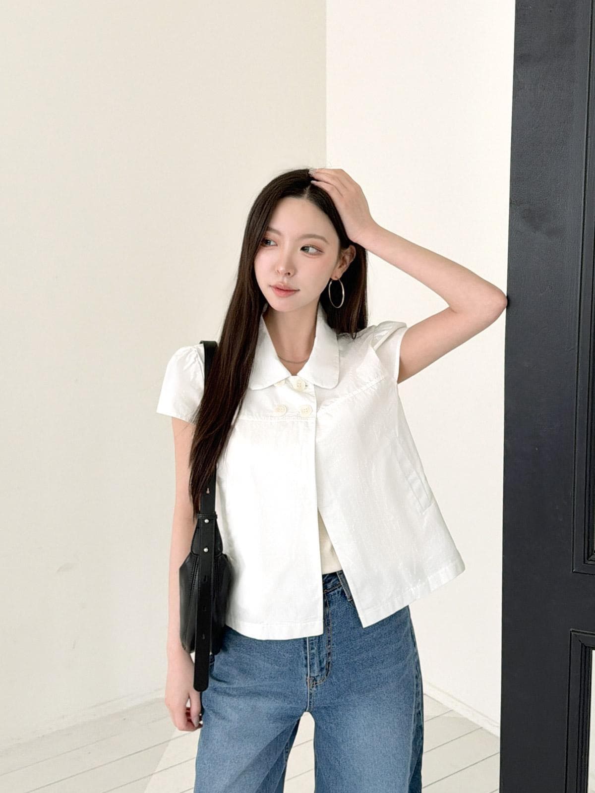 재고 있음 여름 일본식 소녀 센스 네 단추 레트로 베이비 칼라 캐주얼 반팔 셔츠 상세 이미지 10