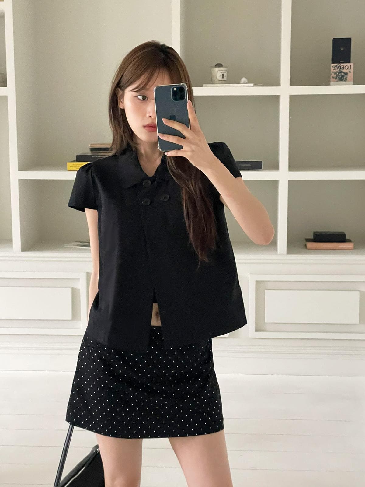 재고 있음 여름 일본식 소녀 센스 네 단추 레트로 베이비 칼라 캐주얼 반팔 셔츠 상세 이미지 17