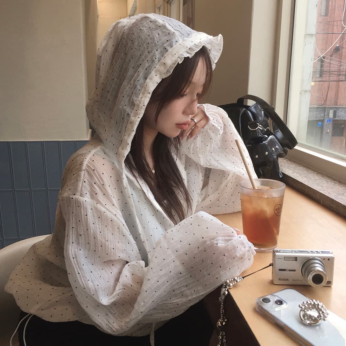 재고 있음 chic 한국 스타일 도트 무늬 후드 태양 보호 셔츠 여성 이미지 3