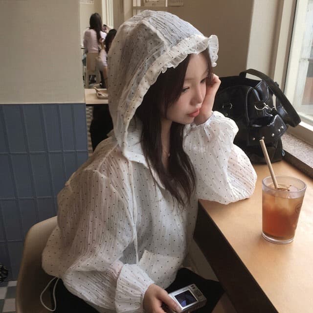 재고 있음 chic 한국 스타일 도트 무늬 후드 태양 보호 셔츠 여성 상세 이미지 7