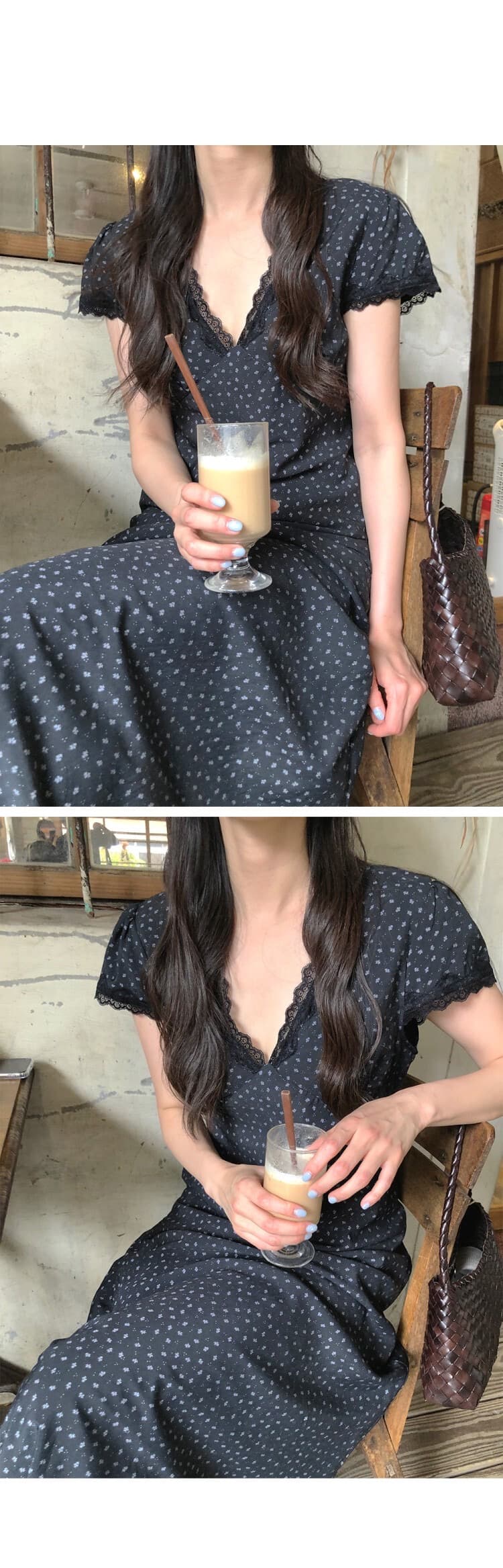 chic 한국 레이스 V넥 레이스업 허리 검정색 꽃무늬 롱 스커트 드레스 상세 이미지 9