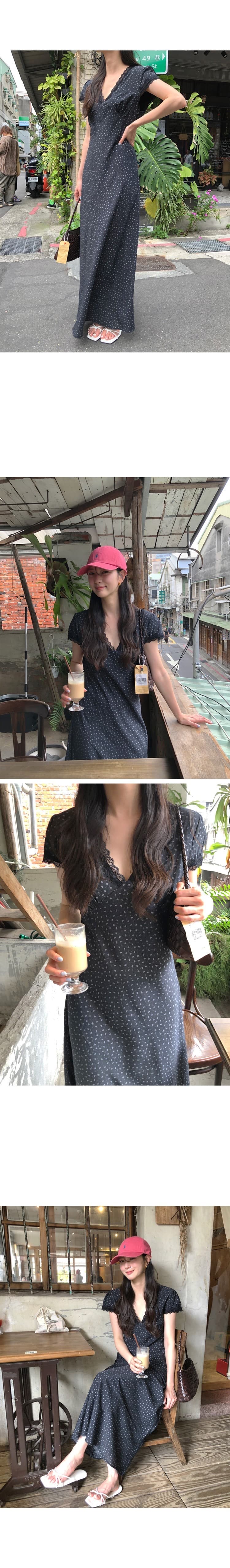 chic 한국 레이스 V넥 레이스업 허리 검정색 꽃무늬 롱 스커트 드레스 상세 이미지 10