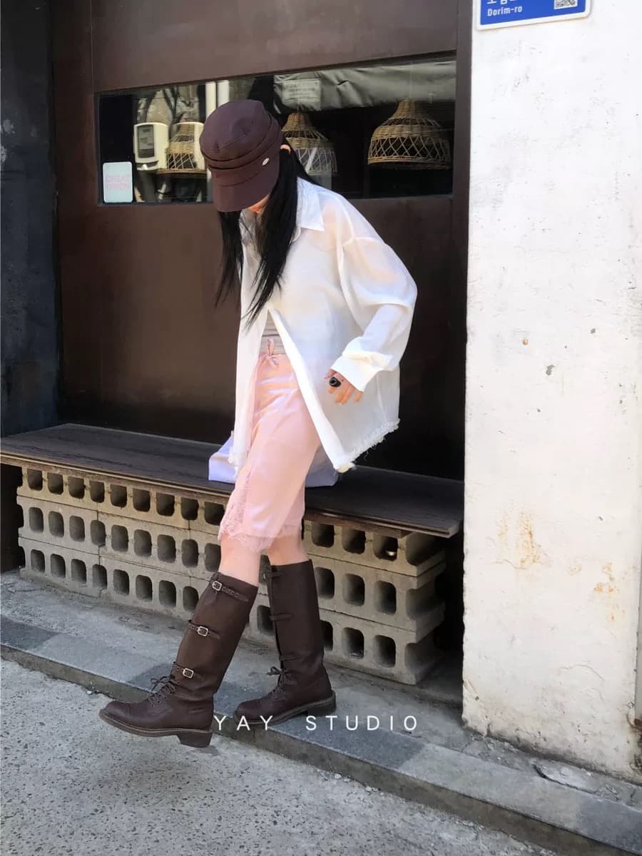 재고 있음 chic 여름 부드러운 분말 새틴 레이스 슬림해 보이는 레이스업 중간 스커트 반신 스커트 상세 이미지 6