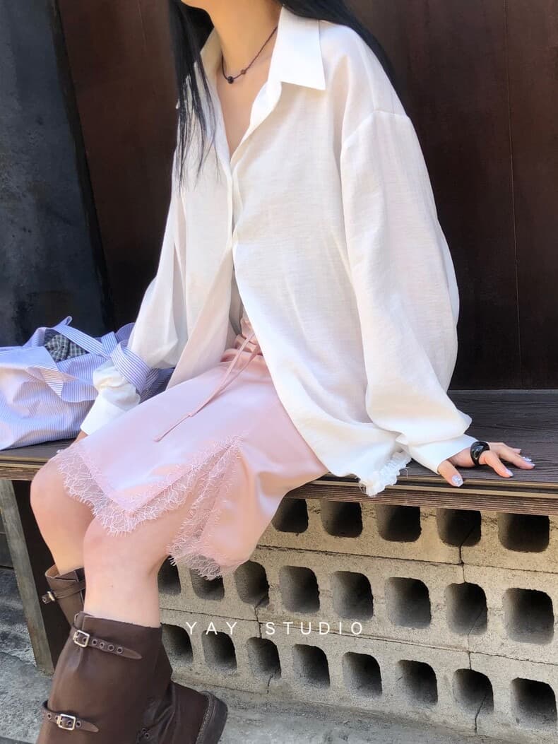 재고 있음 chic 여름 부드러운 분말 새틴 레이스 슬림해 보이는 레이스업 중간 스커트 반신 스커트 상세 이미지 10