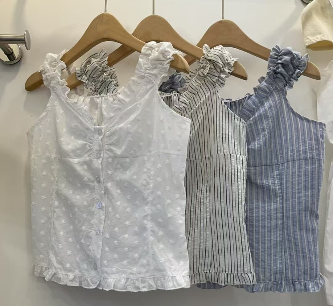 재고 있음 chic 부드러운 Pleat 측면 상쾌 블루 스트라이프 수 있습니다. 오프숄더 둘 착용 셔츠 이미지 4